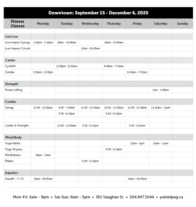 Downtown Fall Class schedule