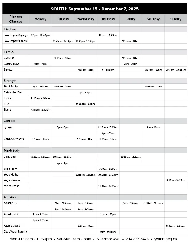 Fall fitness class schedule
