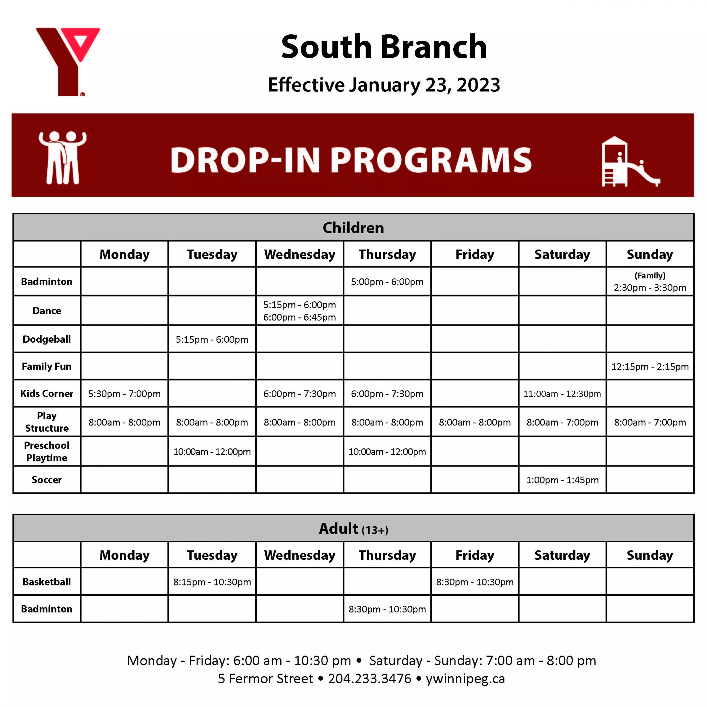 South Drop-in Program Schedule