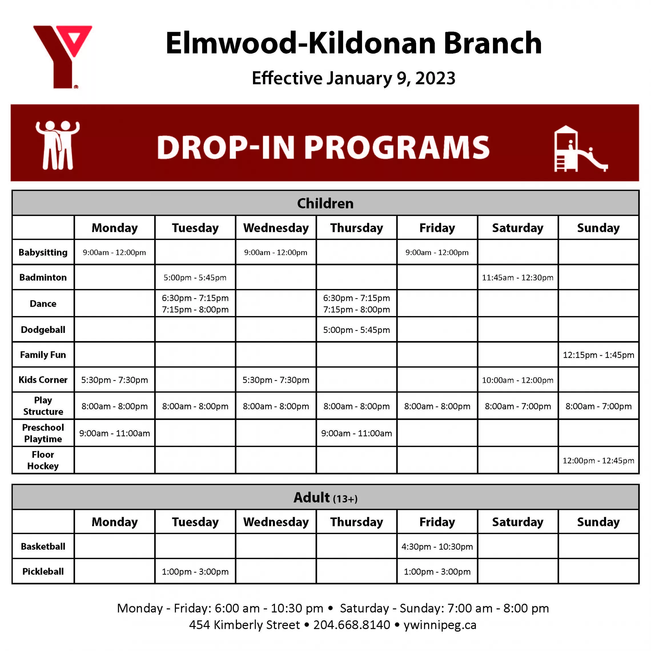 EK Drop-in Program Schedule