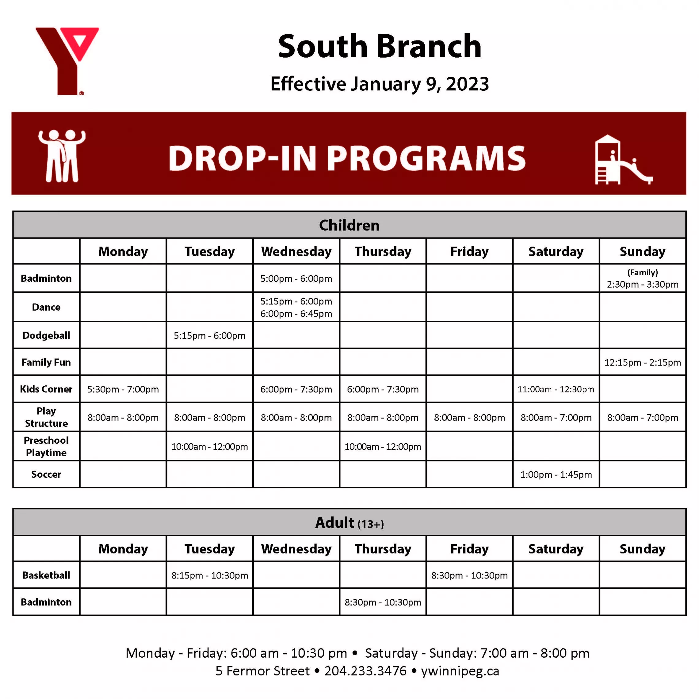 South Branch Drop-in Program Schedule