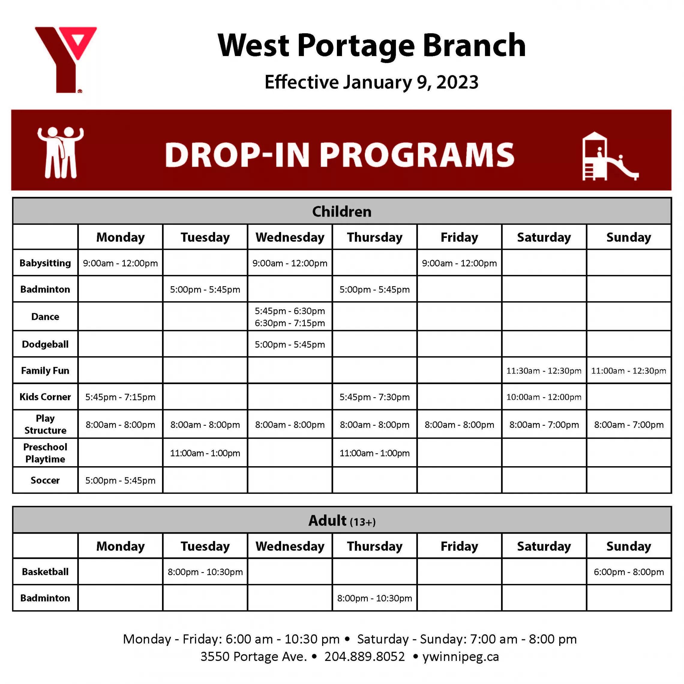 West Portage Drop-in Schedule