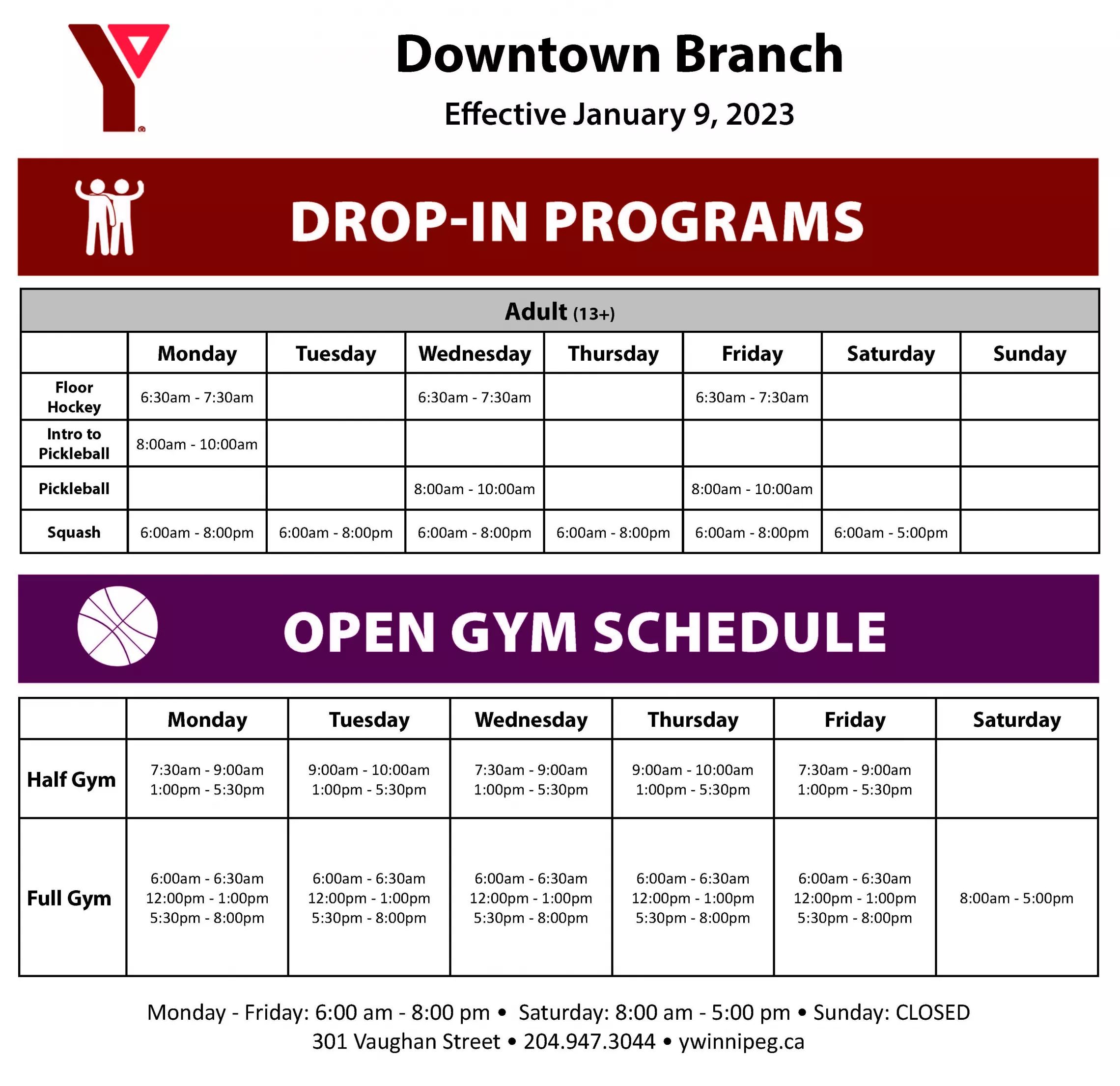 Downtown Open Gym and Drop-in Program Schedule