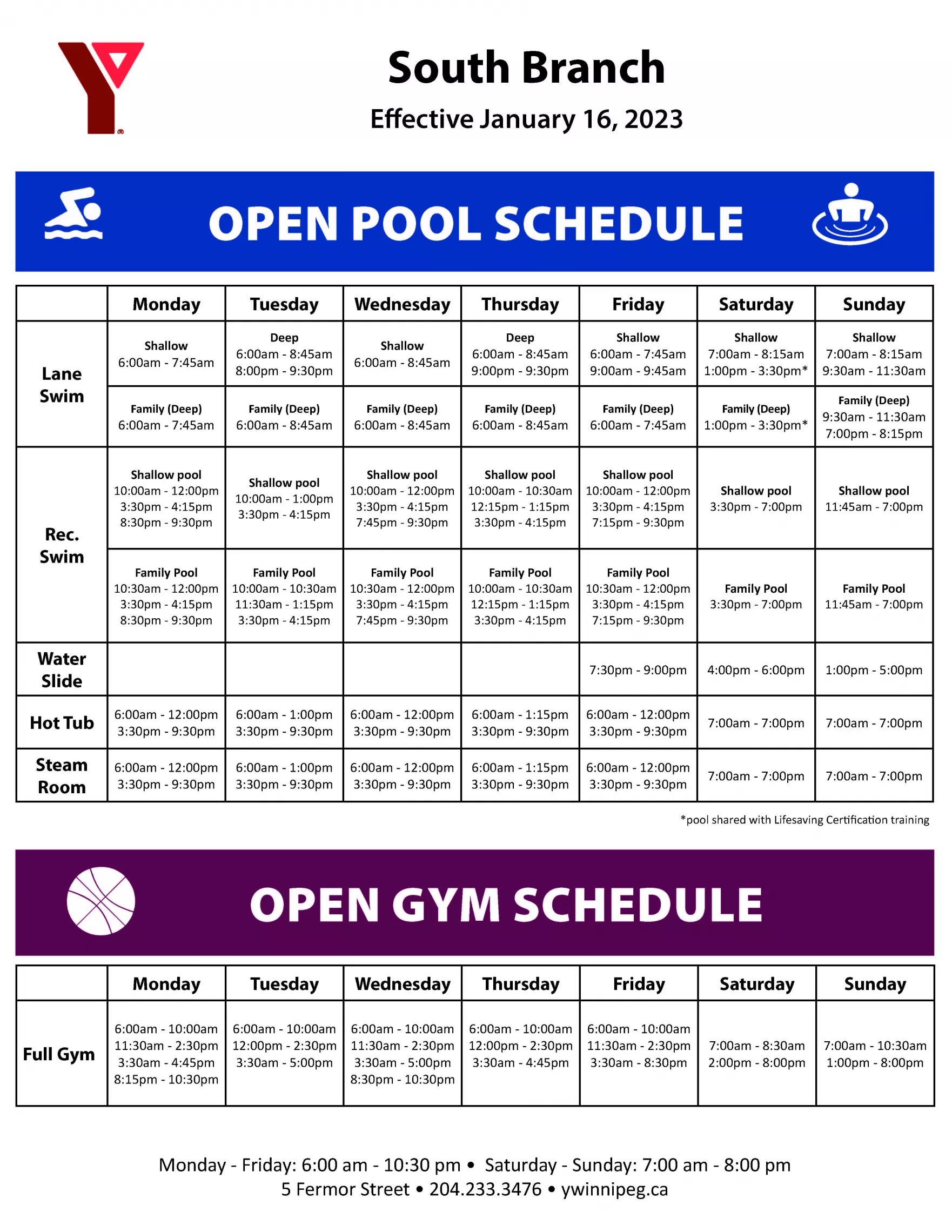 South Branch Open Gym and Pool Schedule