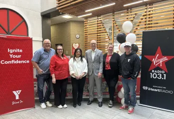 Pictured: Ken Talbot (matching $75K donor), Cordella Friesen (President & CEO of YMCA-YWCA of Winnipeg), Mayor Scott Gillingham, and Virgin Radio Winnipeg (Ace Burpee, Chrissy Troy, and Amber Saleem) stand together in support of Strong Kids.