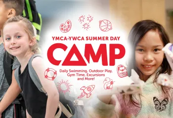 mixture of images depicting summer camp with logo