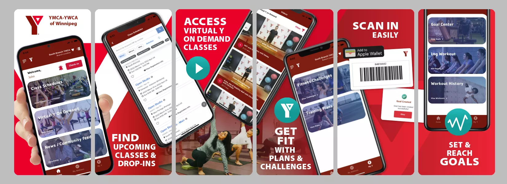 Collage of app screens: Find upcoming classes & drop-ins; Access Virtual Y on-demand classes; Get fir with plans & challenges; Scan in easily; Set & reach goals