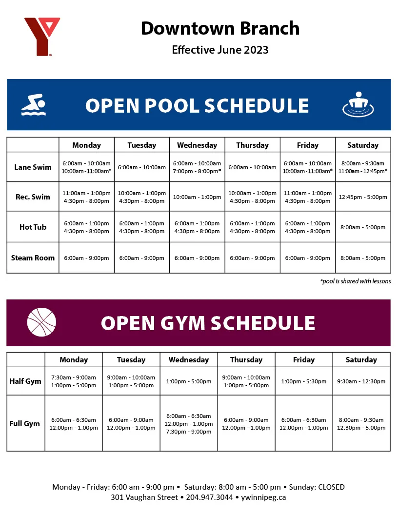 Downtown Open Pool/Gym June schedule