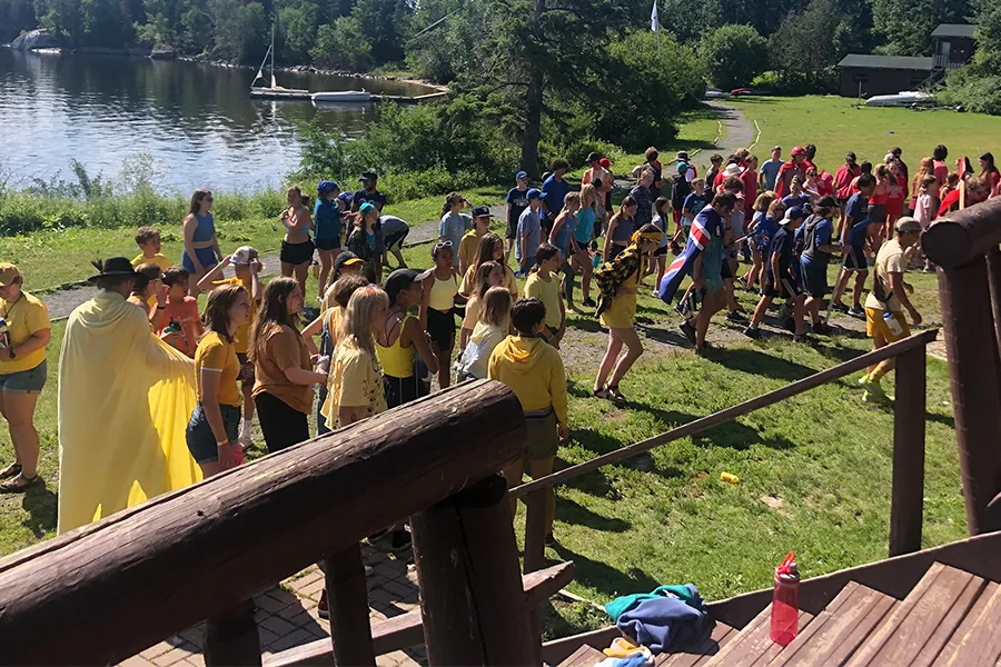 large group of campers participating in outdoor games
