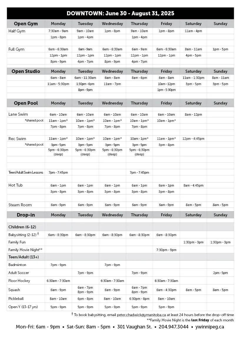 Downtown Y open times schedule