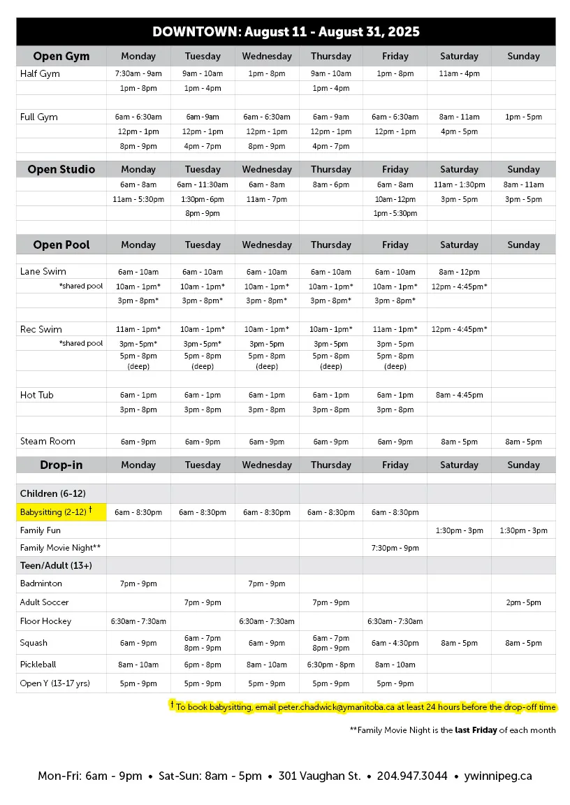 Downtown open program times as of August 11