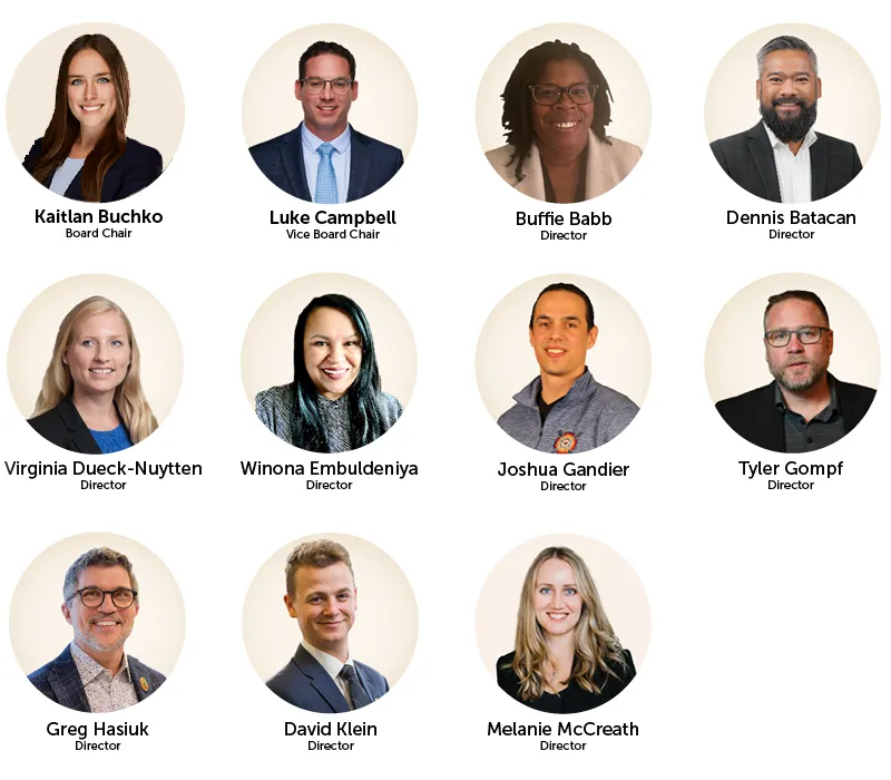 Board members: Kaitlan Buchko (Board Chair), Luke Campbell (Vice Board Chair), Buffie Babb, Dennis Batacan, Virginia Dueck-Nuytten, Winona Embuldeniya, Joshua Gandier, Tyler Gompf, Greg Hasiuk, David Klein, Melanie McCreath