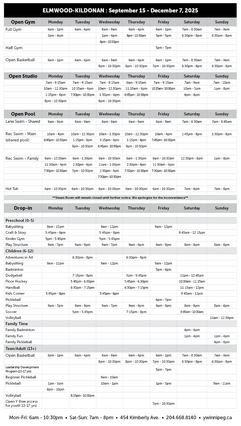 Fall Program Open times Elmwood-Kildonan