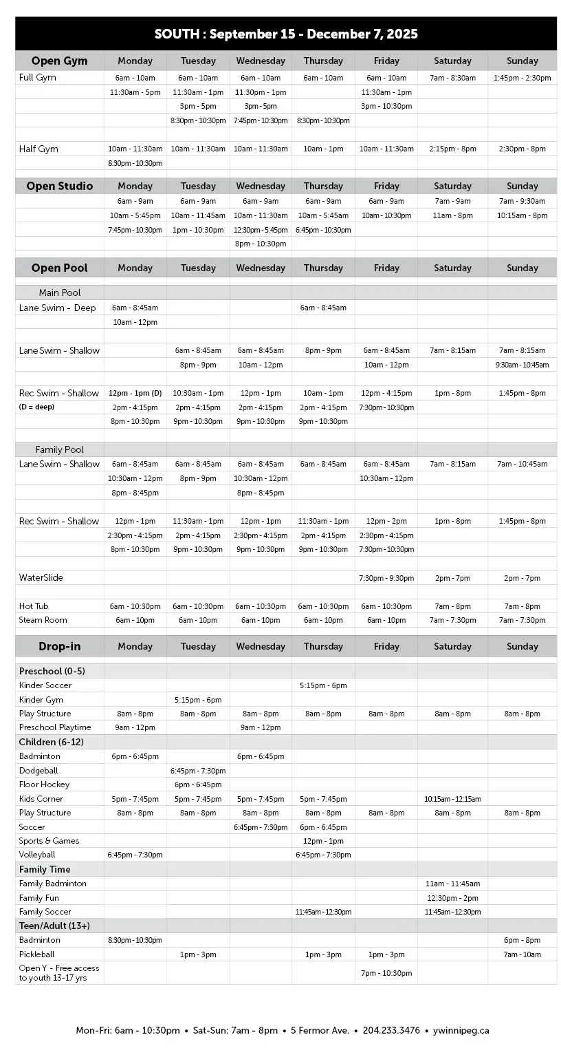 South Fall Program open times version 2