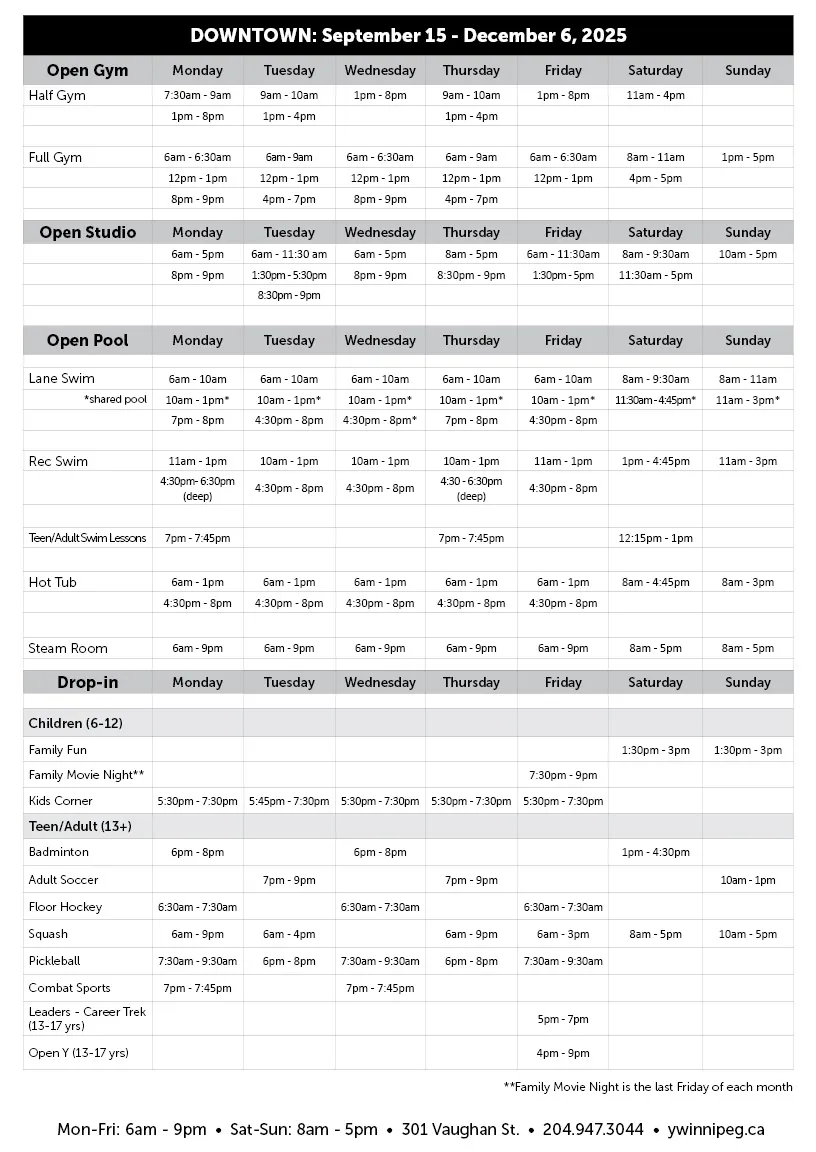 Fall Schedule for Downtown - Open Times