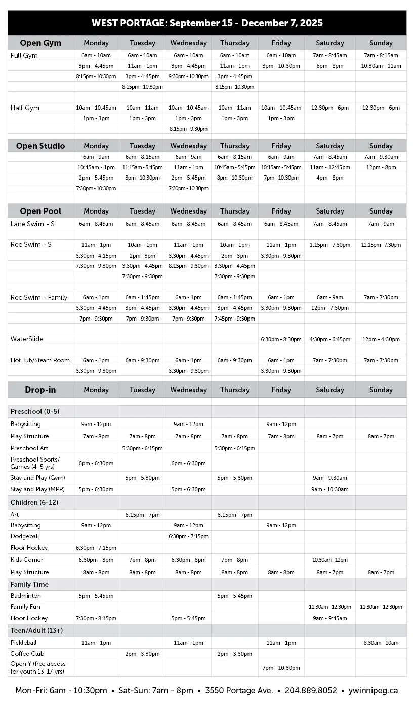 Fall Open times schedule - West Portage