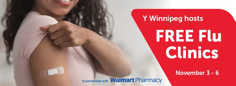 Female with arm and bandaid showing text of a flu clinic