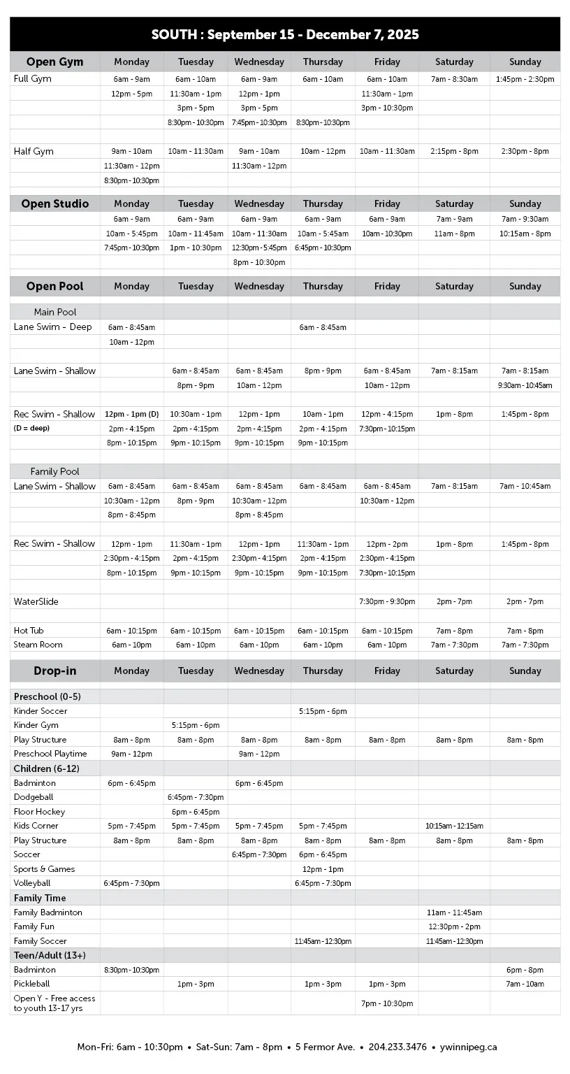Fall Program Open Times - South Hub