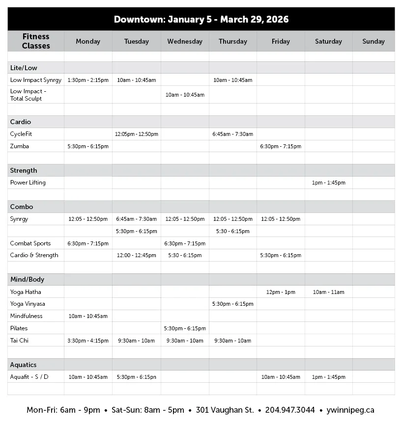 Downtown Winter Fitness Class Schedule