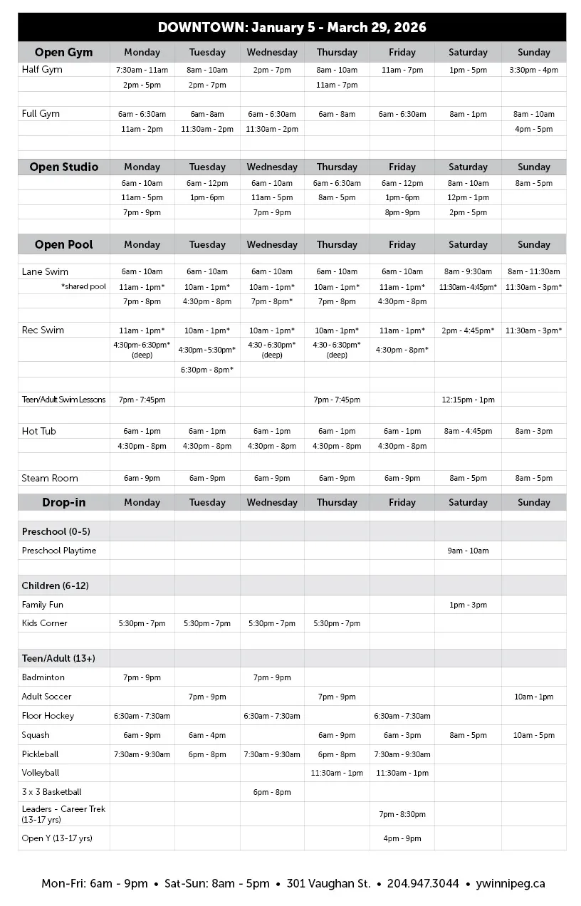 Downtown Winter Schedule - Open Programs