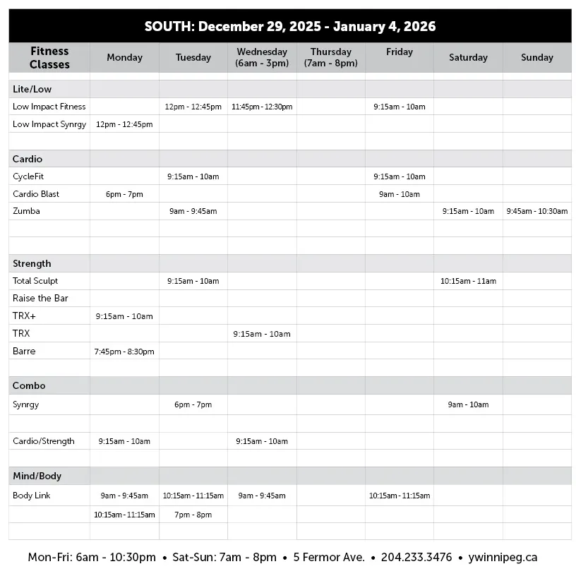 Dec 29 - Jan 4 Classes South