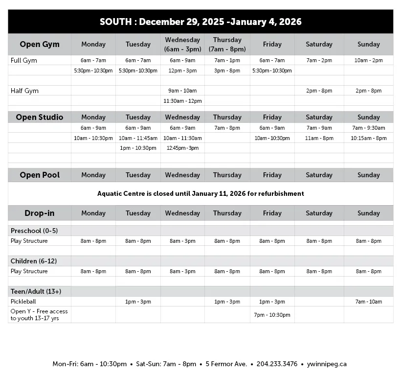 Dec 29-Jan 4 Open Times-Programs SOUTH