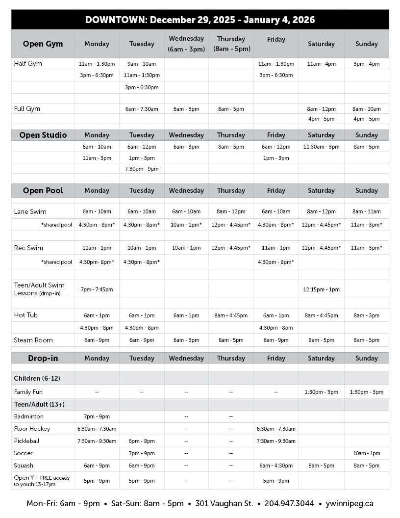 Dec 29 - Jan 4 Open Times DT
