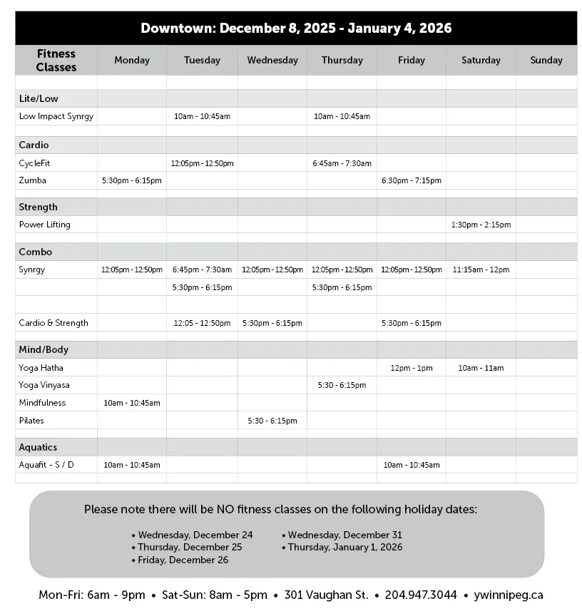 Dec 8 - Jan 4 Fitness classes DT