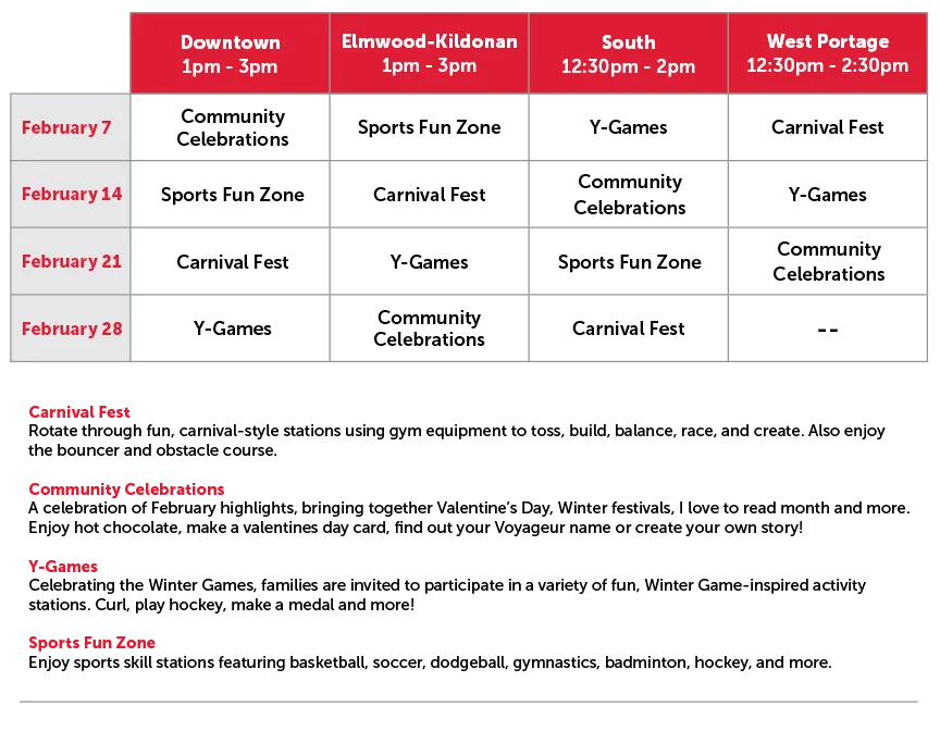 Schedule of activities for February Family Fun