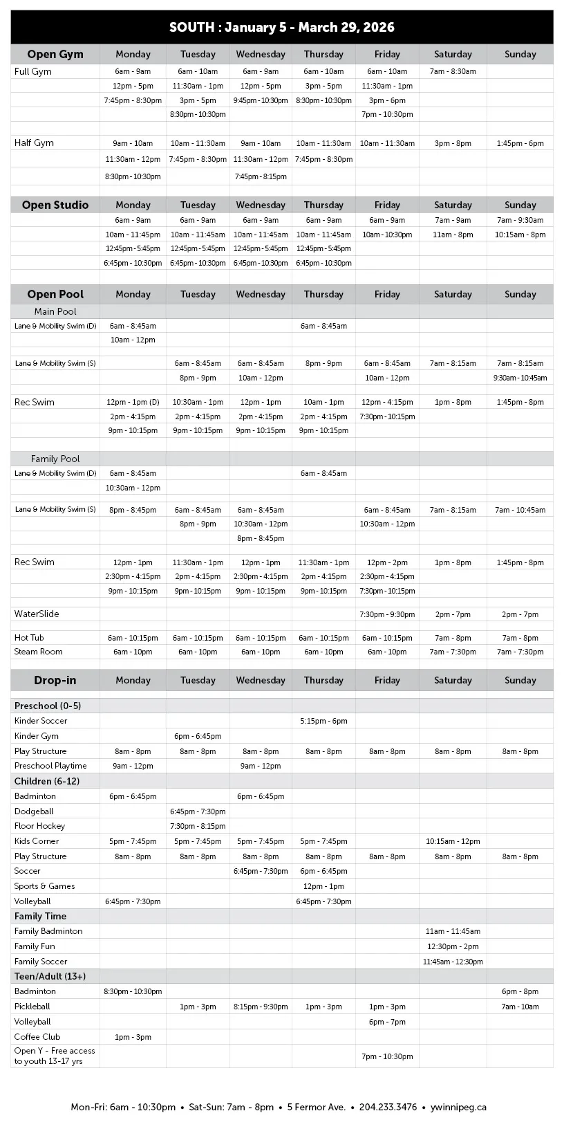 South Winter program schedule