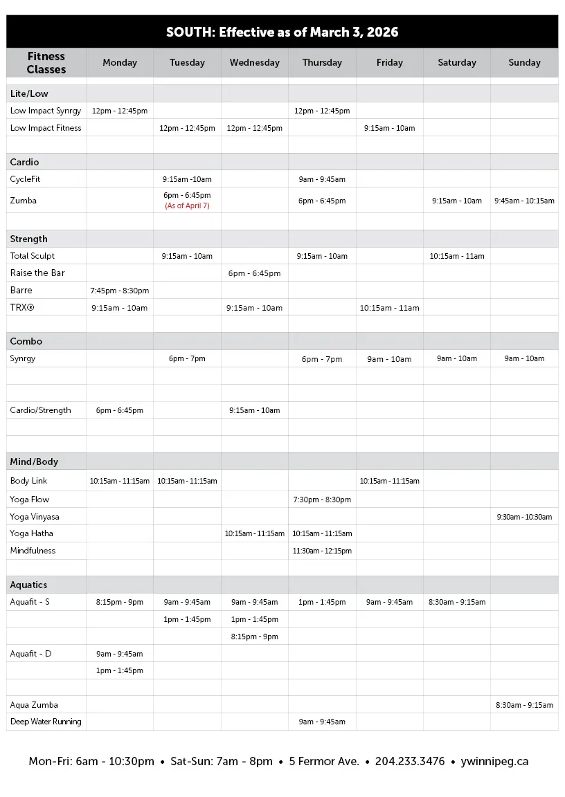 Fitness Class schedule as of March 3