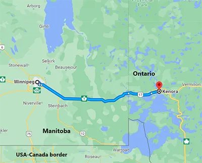 Google map image of highway travel from Wpg to Kenora