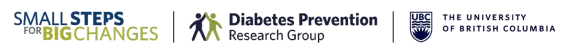 logos for Small Steps for Big Changes, Diabetes Prevention Research Group and the University of British Columbia