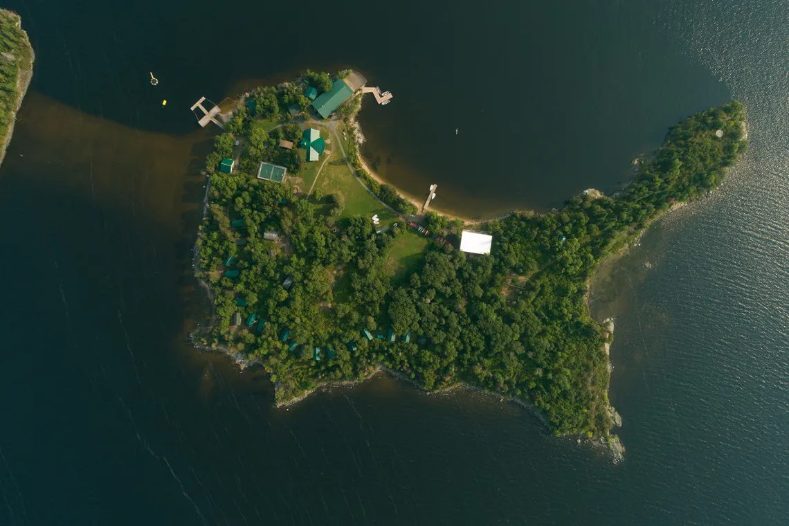 overhead drone shot of Camp Stephens island