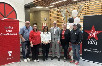 Pictured: Ken Talbot (matching $75K donor), Cordella Friesen (President & CEO of YMCA-YWCA of Winnipeg), Mayor Scott Gillingham, and Virgin Radio Winnipeg (Ace Burpee, Chrissy Troy, and Amber Saleem) stand together in support of Strong Kids.